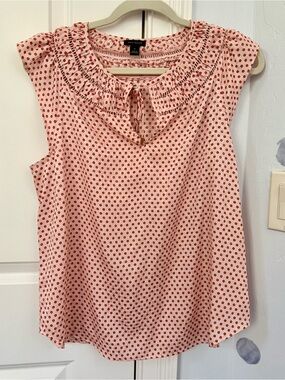Ann Taylor Pink Top with Red Polka Dots and Ruffle Neck